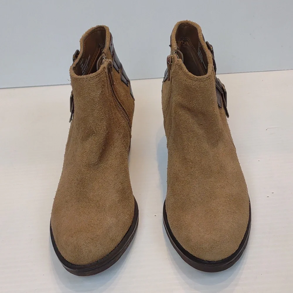 Crown Vintage Women's Joie Tan Suede Side Zip Strap/Buckle Detail Ankle Boots